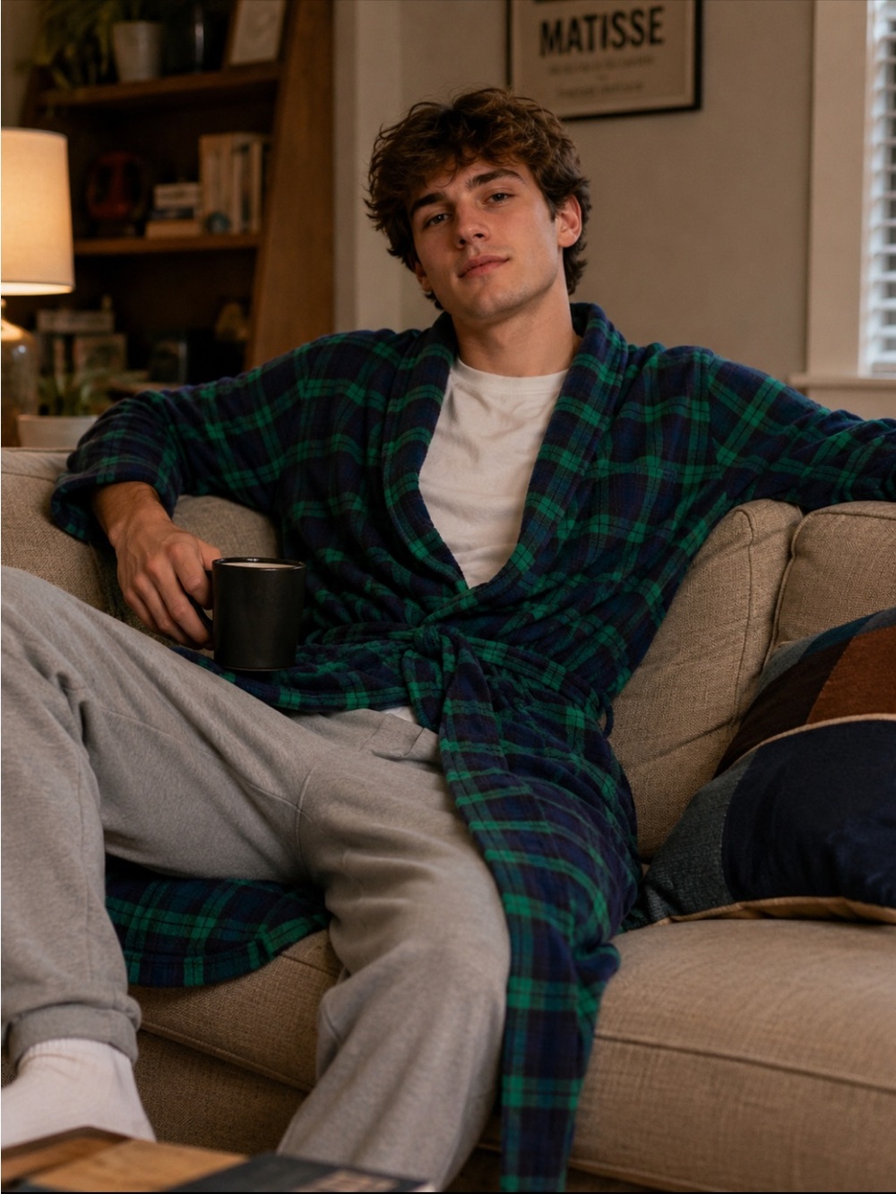 Cozee Corner Classic Wrap Style Green & Navy Plaid Cotton Robe. Size Large. NWOT